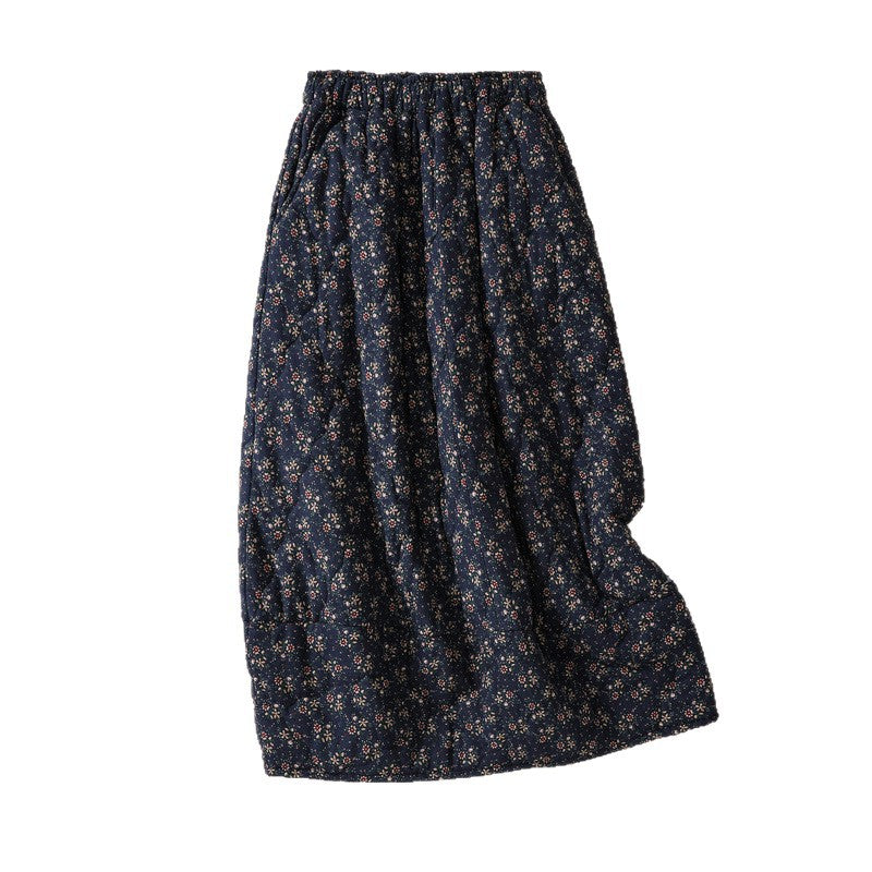 Real shot 2025 autumn and winter literary and artistic small floral cotton and linen padded cotton elastic waist thickened warm medium and long skirt women