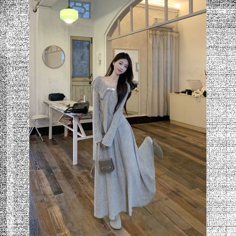 French suit irregular temperament knitted top high waist skirt women's spring and autumn two-piece set high sense thin