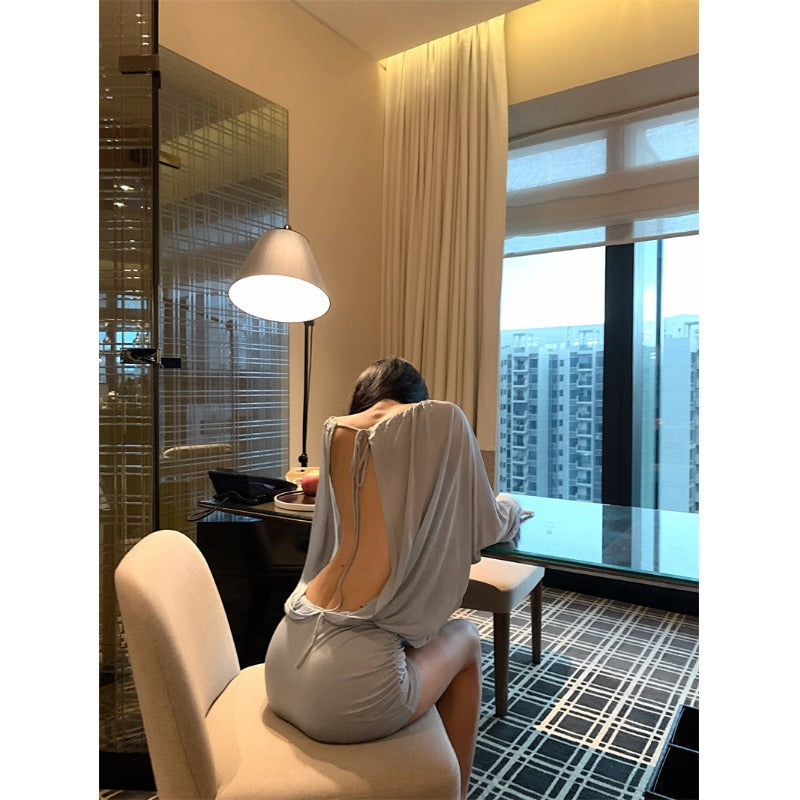 Blue one-word shoulder long-sleeved dress women's autumn thin waist skirt bat sleeve pure desire Spice girl hip-wrapped short skirt