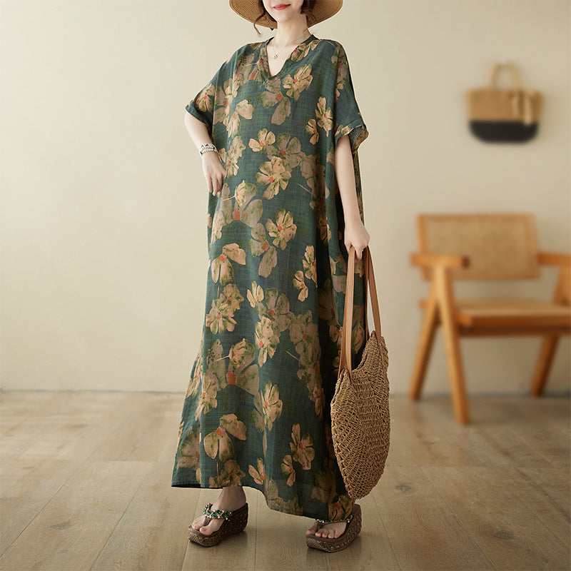 Real shot 2024 summer thin cotton and linen V-neck large size loose vacation wind beach dress retro medium and long dress women