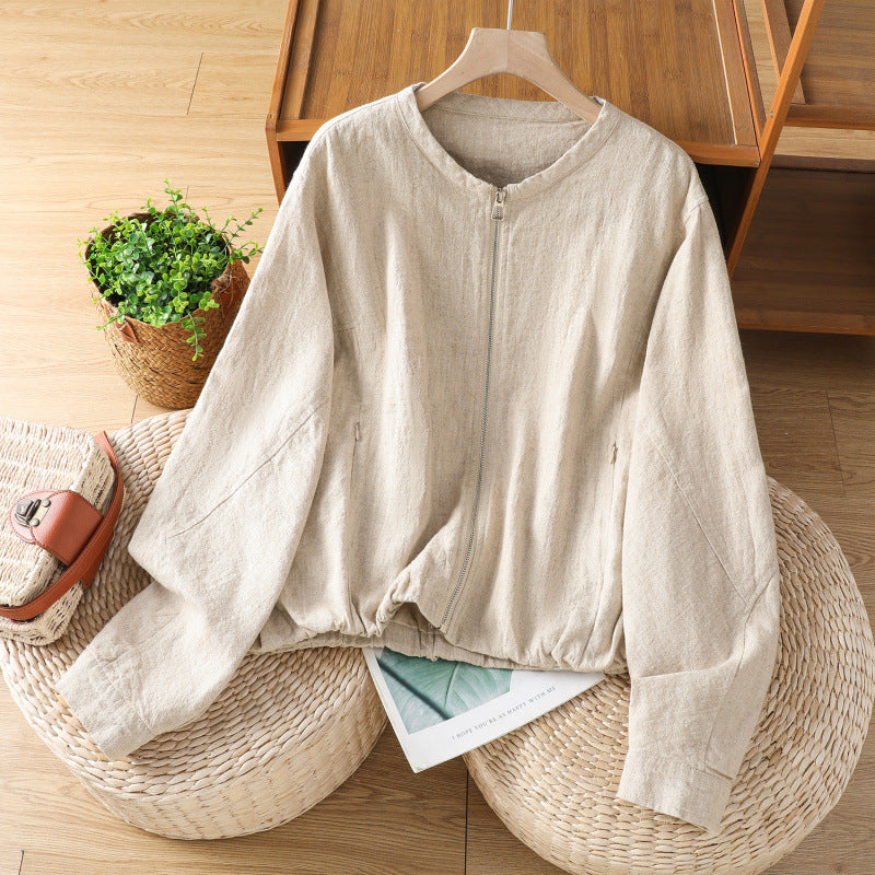 Real shot 2025 autumn new cotton and linen double-layer short coat women's zipper cardigan with loose top jacket