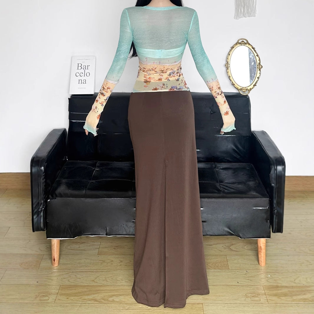 Love cloth forget pure desire retro brown spice girl split hip skirt low waist one piece slim knit dress