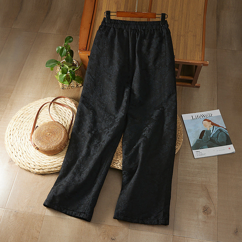 Real shot new Chinese jacquard 2025 winter national style retro loose and thin casual thickened cotton-padded wide-leg pants outer wear