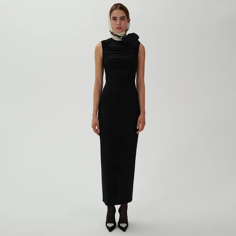 New long dress pleated three-dimensional flower design hip dress split white temperament short-sleeved dress sexy