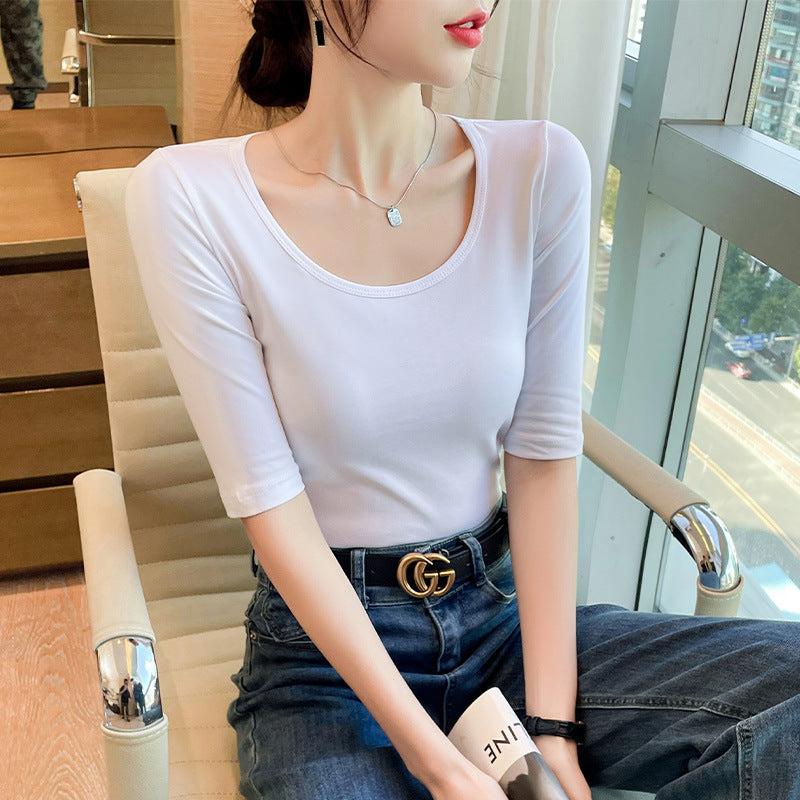 Black Crew Neck Medium Sleeve T-Shirt Women's 2025 Spring and Summer New Versatile Five-Sleeve Top Fashion Inner Bottom Shirt