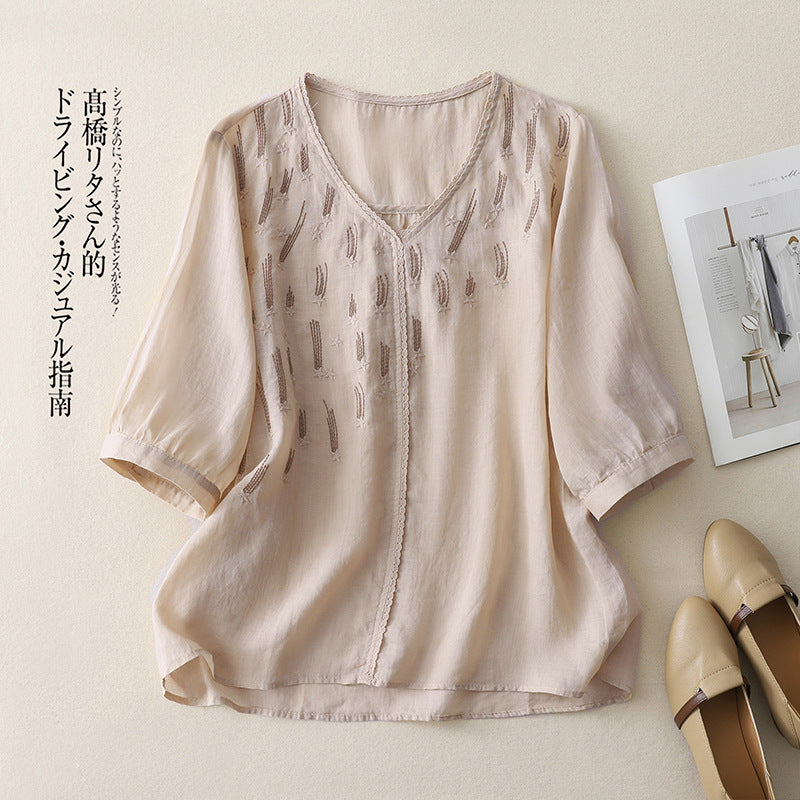 Real shot 2025 summer thin V-neck five-quarter sleeve pullover literary cotton and linen loose top T-shirt women's clothing