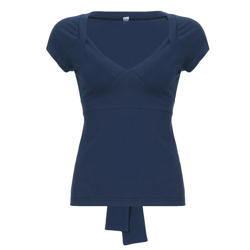 Love cloth forget pure desire style fashion splicing chest short-sleeved T-shirt Spice girl back strap bow base top