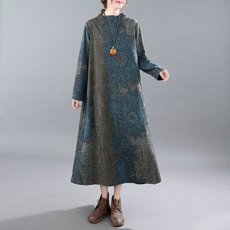 Real shot 2025 autumn new retro printing literary loose and thin bottom long-sleeved dress women's clothing