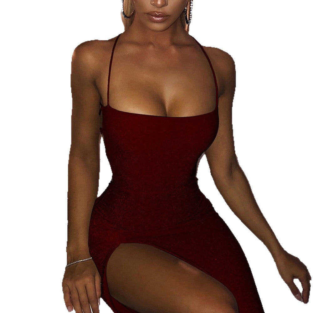 Cross-border Europe, America, Amazon fashion trend, sexy suspender, leaking back square collar, solid color hip-wrapped gold silk split dress