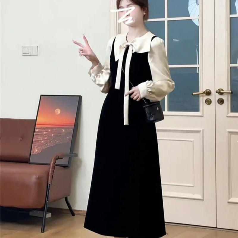 Small French black inner dress autumn and winter 2025 new high-end Hepburn style large size medium and long dress