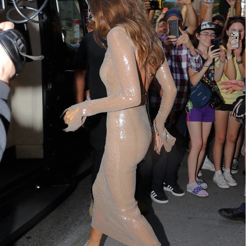 Cross-border stars of the same high-end sexy backless celebrity dress dress, beaded waist long-sleeved dress, women's medium and long styles