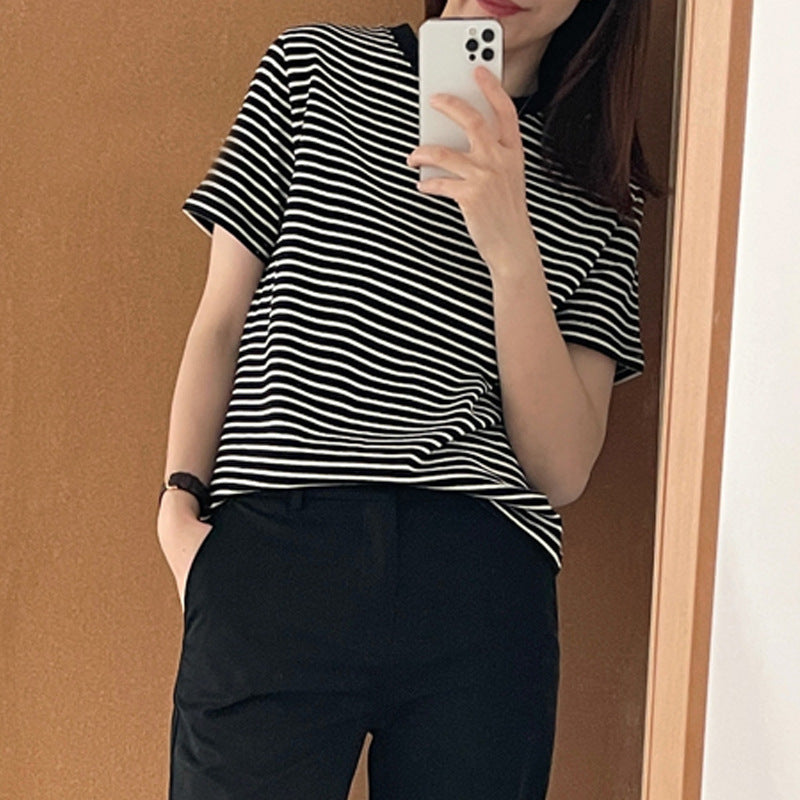 Selection of pure cotton black and white striped short-sleeved t-shirt women's summer 2026 new Korean version of round neck loose and thin versatile top
