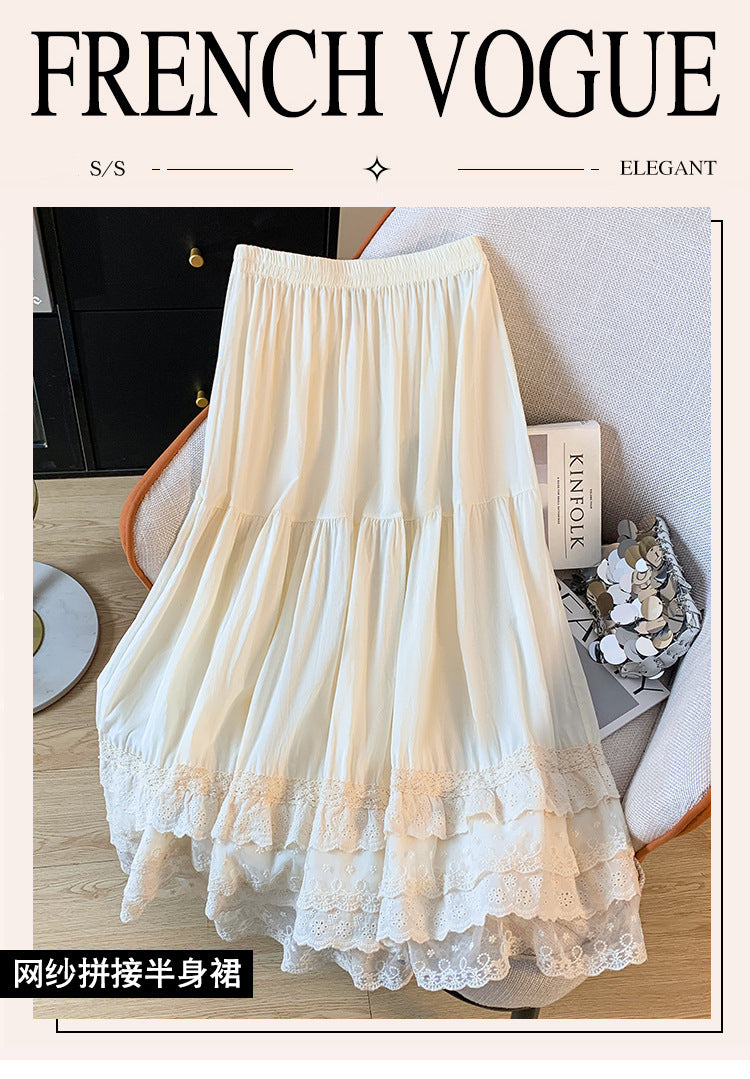 Real shot 2025 spring new retro mesh lace splicing medium and long skirt women's inner petticoat bottom dress
