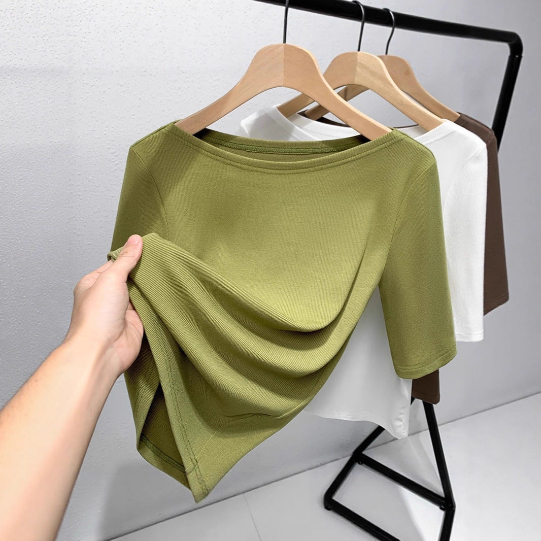 Medium-sleeved t-shirt women's 2025 new women's clothing solid-color threaded half-sleeved t-shirt temperament one-word shoulder elastic waist top