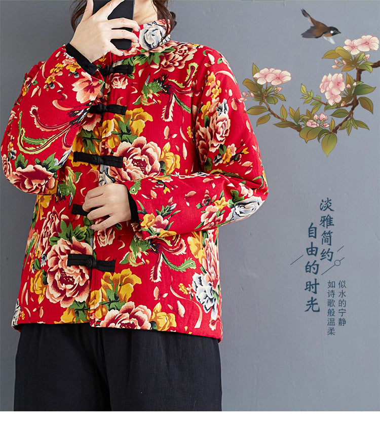 The real shot will be in the autumn and winter of 2025, the new ethnic style peony flower plus cotton button short cotton-padded clothes.