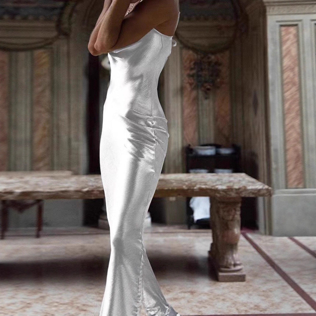 2025 Summer Amazon AliExpress Solid Color Satin Temperament Suspender Step Fishtail Dress Dress Female Elegance
