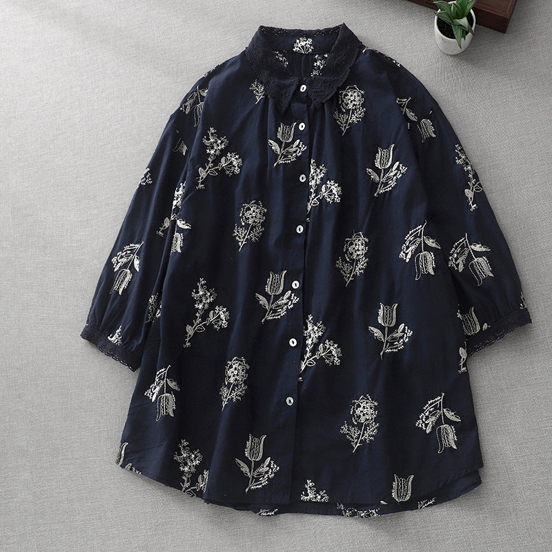 Summer 2024 New Cotton and Linen Literary Retro Loose Embroidery Small Fresh Shirt Top Women #1989