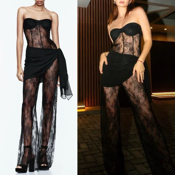 European and American style women's clothing niche light luxury party evening dresses sexy lace slim see-through jumpsuits women's personality splicing