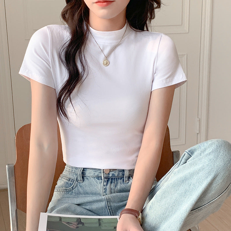 Short-sleeved T-shirt women's summer ins trendy Hong Kong style solid color semi-turtleneck base shirt skinny cropped top slim fit
