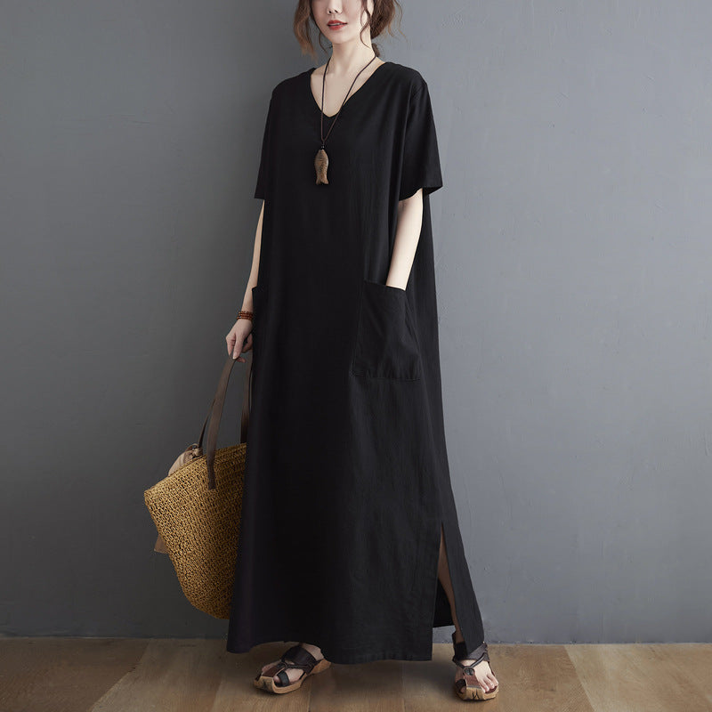 The real shot is in the summer of 2025, the new literary large size loose solid color V-neck short-sleeved dress, women's long dress 6385 #