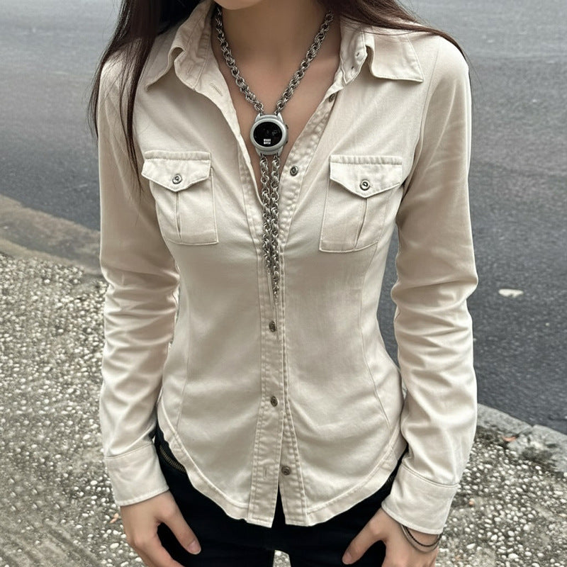 Love cloth forget imperial sister wind lapel collar tooling pocket simple long-sleeved shirt design waist line slim-fitting knitted top