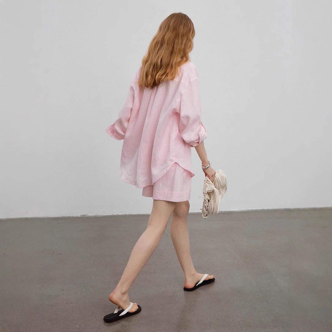 COUNTOME Slack Summer/Lazy Casual Style Full Linen Roll Shirt/Shorts Sunscreen Set