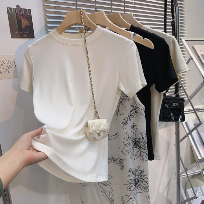 Water Drop U-Neck Summer Dopamine Wear Front Shoulder Ice Silk Short Sleeve T-Shirt Spice Girl Niche Threaded Bottom Shirt Top