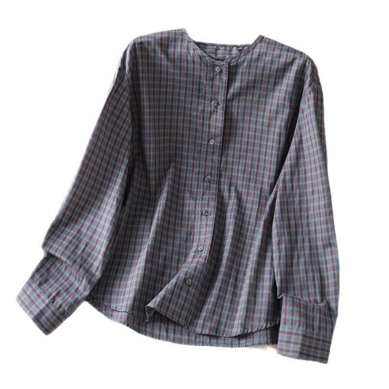 Real shot 2025 autumn new literary plaid long-sleeved cotton and linen plaid round neck shirt jacket women's shirt