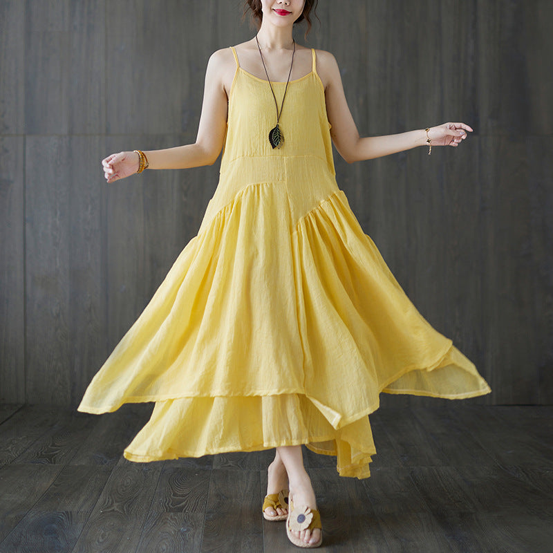 Real shot 2025 summer new literary large size loose solid color suspender dress women's irregular long dress 8237 #