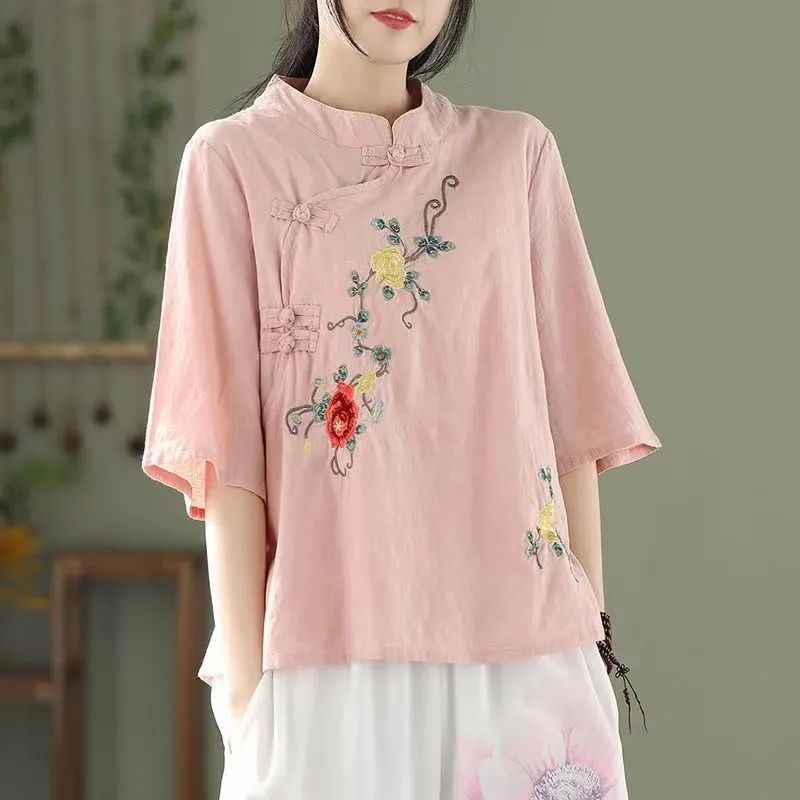 Ethnic style large size stand-up collar diagonal placket embroidered retro buckle solid color pullover medium sleeve cotton and linen short top women's summer wear