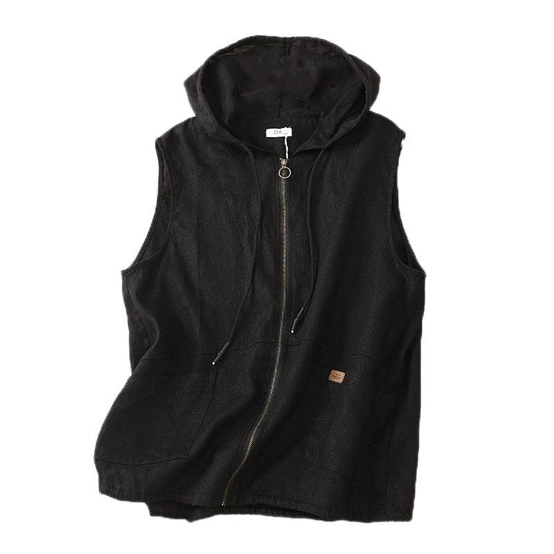 Real shot 2025 spring new literary and retro hooded solid color casual loose sleeveless vest vest vest short coat women