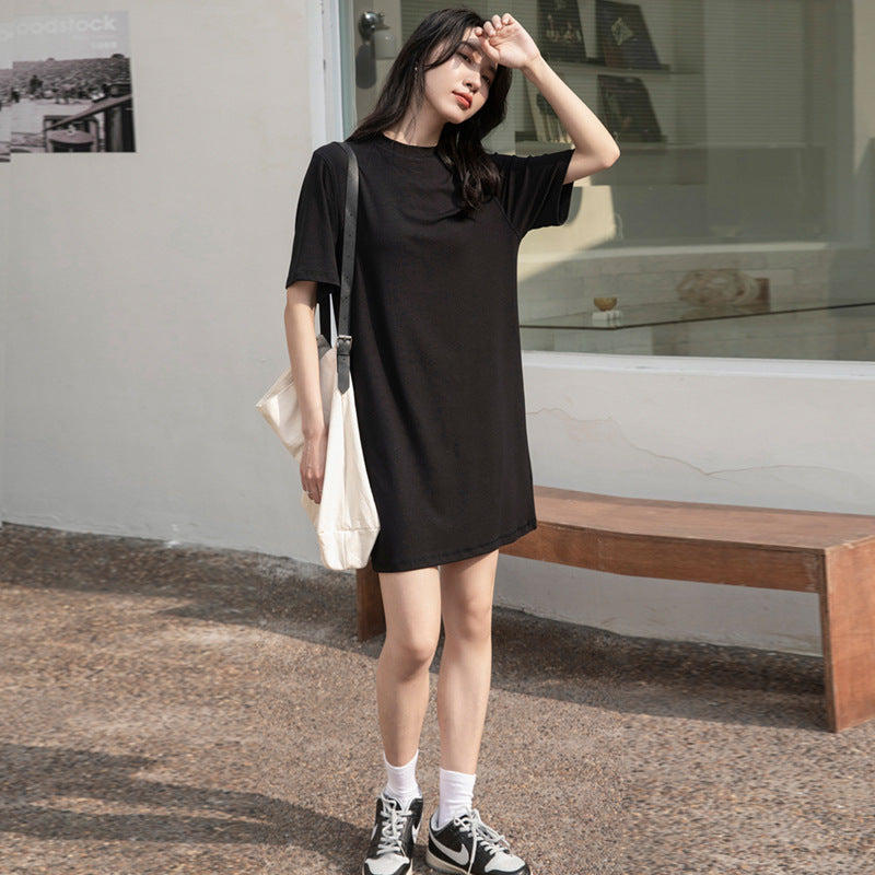 High quality pure cotton black small dress women's summer 2026 new slightly fat medium and long t-shirt short-sleeved t-shirt skirt