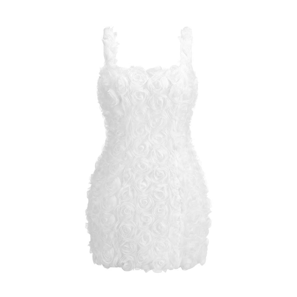 Cross-border 3D three-dimensional effect flower solid color sexy suspender dress backless party banquet dress sexy backless