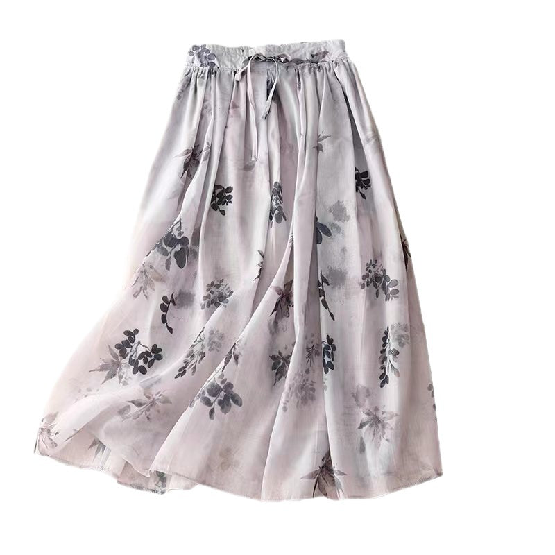 Real shot 2025 summer new literary and retro loose printing elastic waist skirt women's medium and long #6617