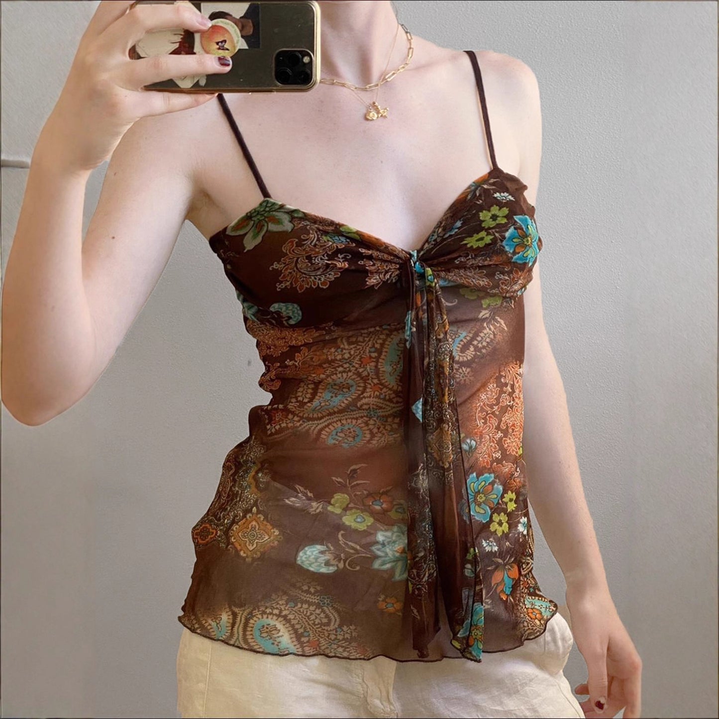 Love cloth forget retro ethnic style print pleated chest strap mesh vest Spice girl sexy suspender top