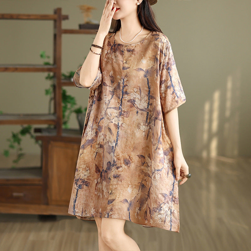 2025 summer thin round neck pullover dress women's loose large size retro literary floral A version medium skirt