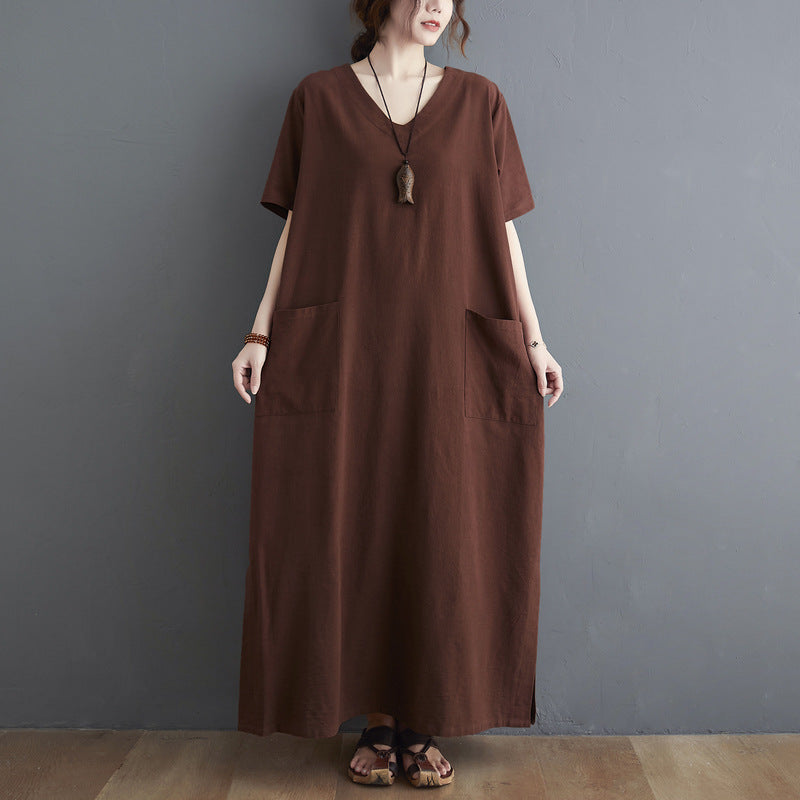 The real shot is in the summer of 2025, the new literary large size loose solid color V-neck short-sleeved dress, women's long dress 6385 #