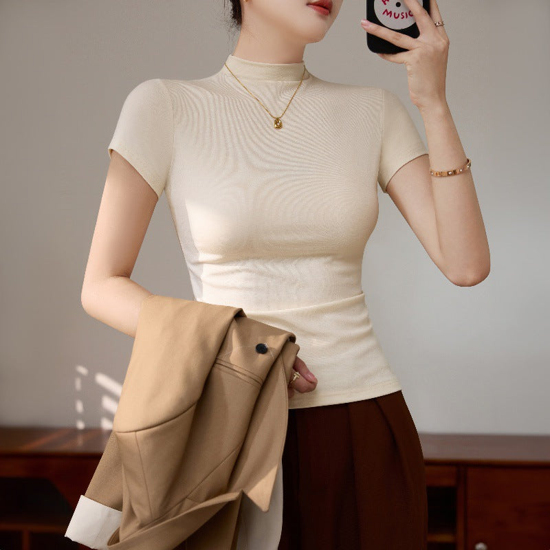 Semi-turtleneck short-sleeved T-shirt Spice Girls Dopamine Wear Early Spring Bottom Shirt Top Skinny Sexy Temperament Front Shoulders