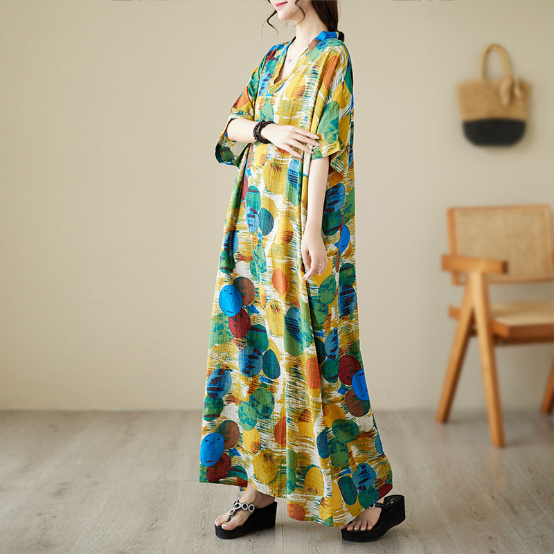 Real shot 2025 summer thin V-neck cotton and linen large size loose literary holiday wind beach dress long women