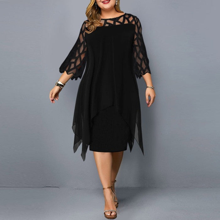 2025 Amazon AliExpress European and American lace splicing seven-quarter sleeve irregular hem chiffon dress spot