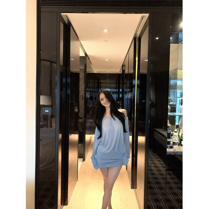 Blue one-word shoulder long-sleeved dress women's autumn thin waist skirt bat sleeve pure desire Spice girl hip-wrapped short skirt