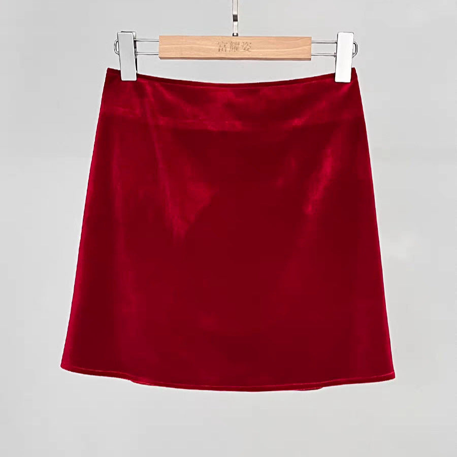 Red velvet skirt high waist A-word short skirt medium and long skirt 25 Winter, new New Year's red solid color commuting elastic waist