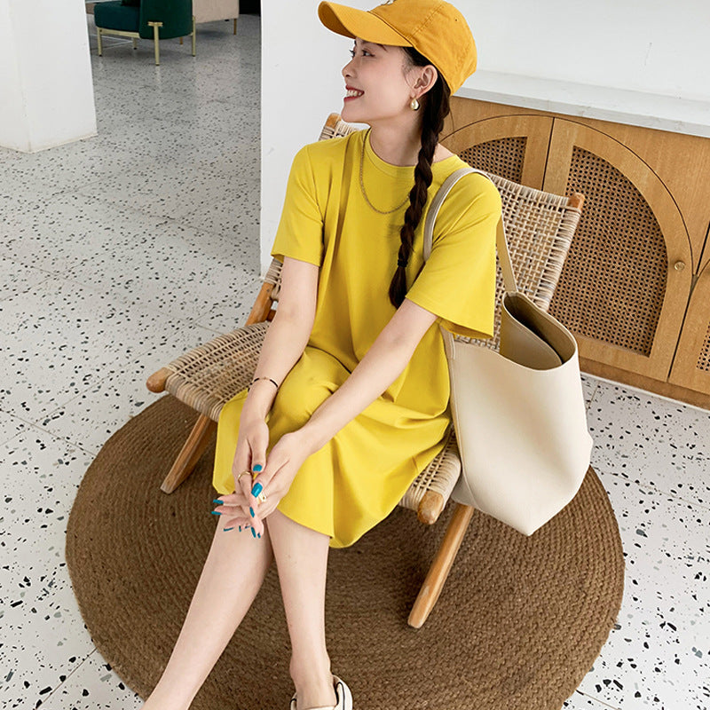 High quality pure cotton black small dress women's summer 2026 new slightly fat medium and long t-shirt short-sleeved t-shirt skirt