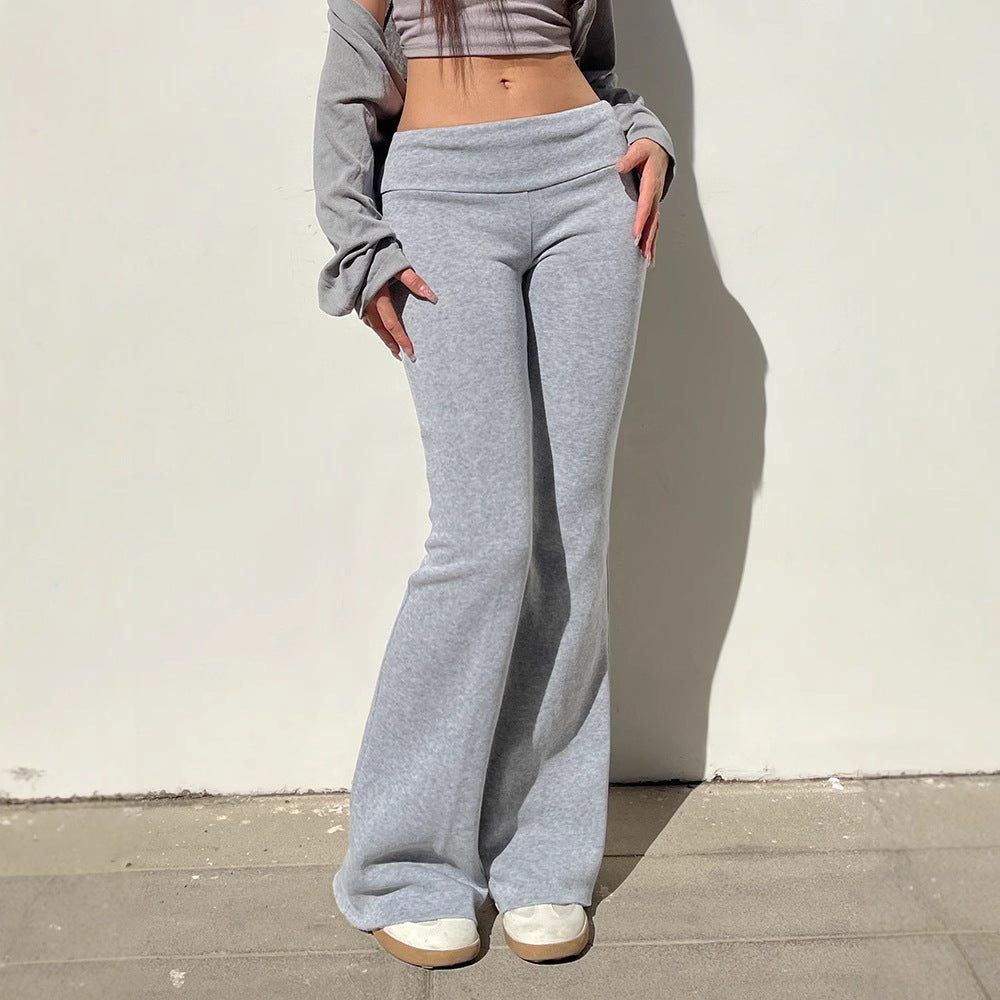 American street basic solid color high waist micro pull sports leggings turn waist wide waist thin casual sweater pants