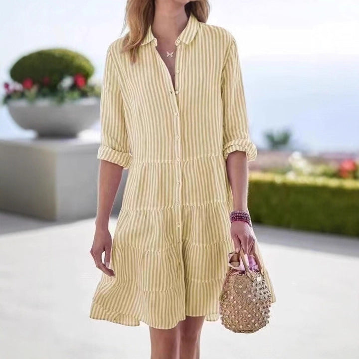 Amazon Independent Station Cross-border European and American Women's Clothing Autumn Long Sleeve Women's Striped Shirt Dress