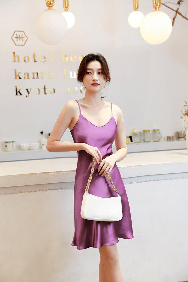 Haute couture acetic acid satin dress high-end suspender V-neck skirt temperament small man thin silky outer dress