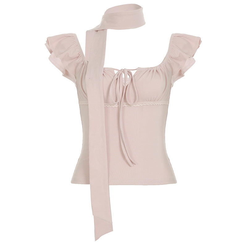 Korean pure desire girl age reduction irregular lace splicing short-sleeved T-shirt scarf design bubble sleeve slim top