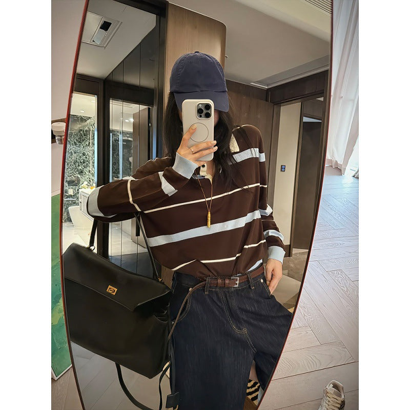 Korean contrasting striped polo collar lapel single top women's autumn unique and beautiful small fragrant style long-sleeved knitted sweater