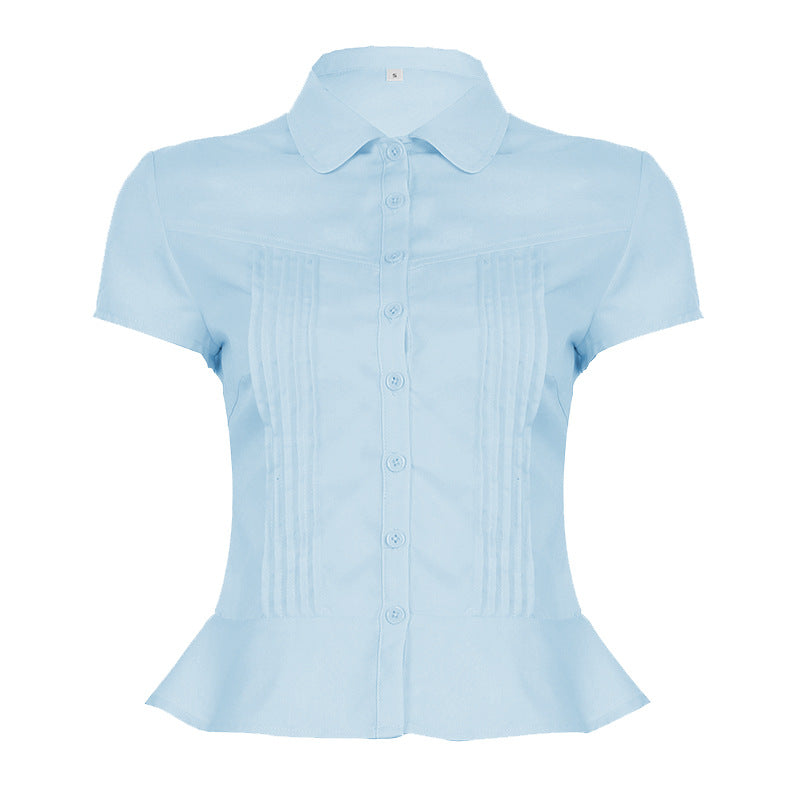 American girly temperament organ pleated solid color POLO neck short-sleeved shirt waist short breasted button-up top