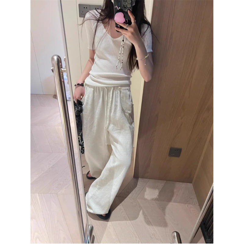 Washed ramie pants 2025 summer elastic waist drawstring casual cotton and linen wide-leg pants women's old money wind thin linen pants